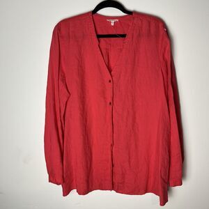 Eileen Fisher Coral Red Irish Linen Button Up Shirt XL Lagenlook 178